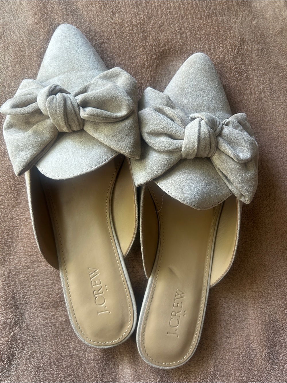 J. Crew Taupe Suede Bow Pointed Slip-On Mules